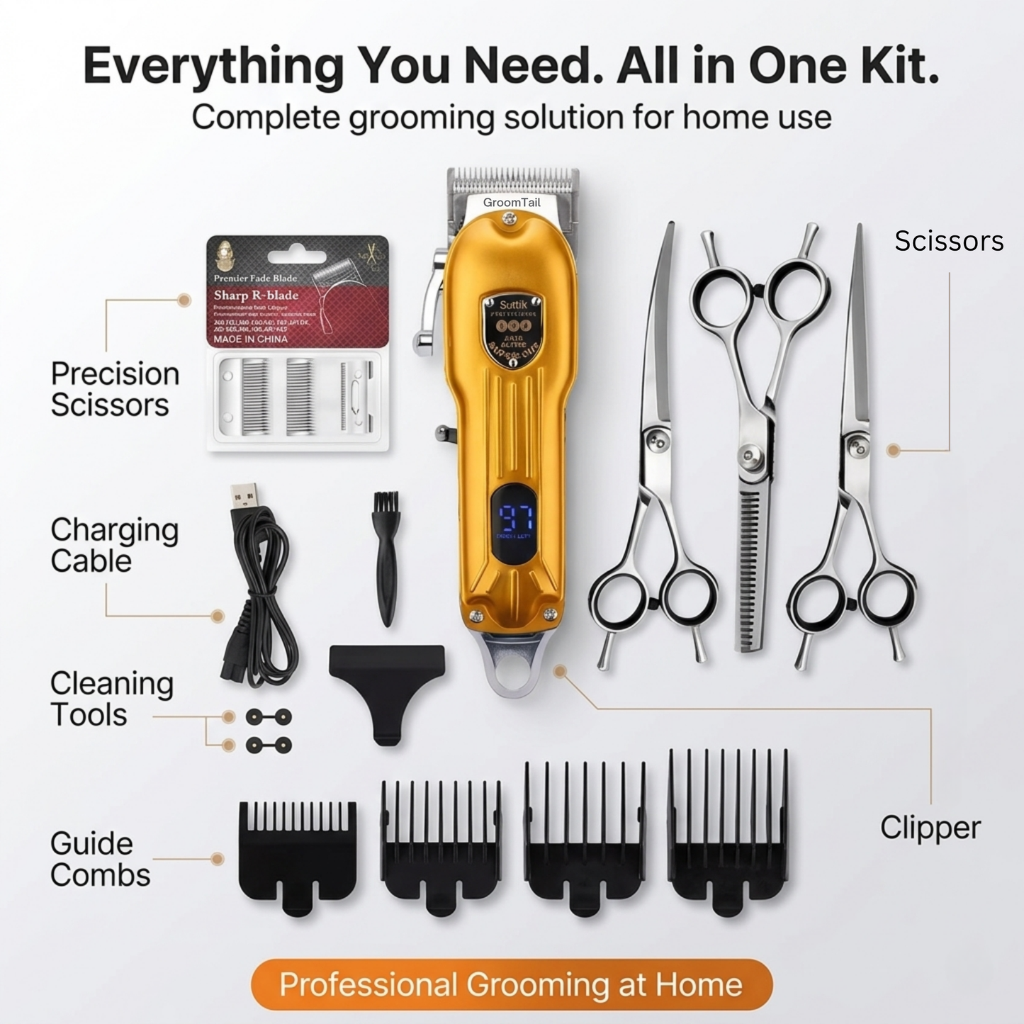 GroomTale Complete Dog Grooming Kit – Rechargeable Clippers, Scissors & Combs Set