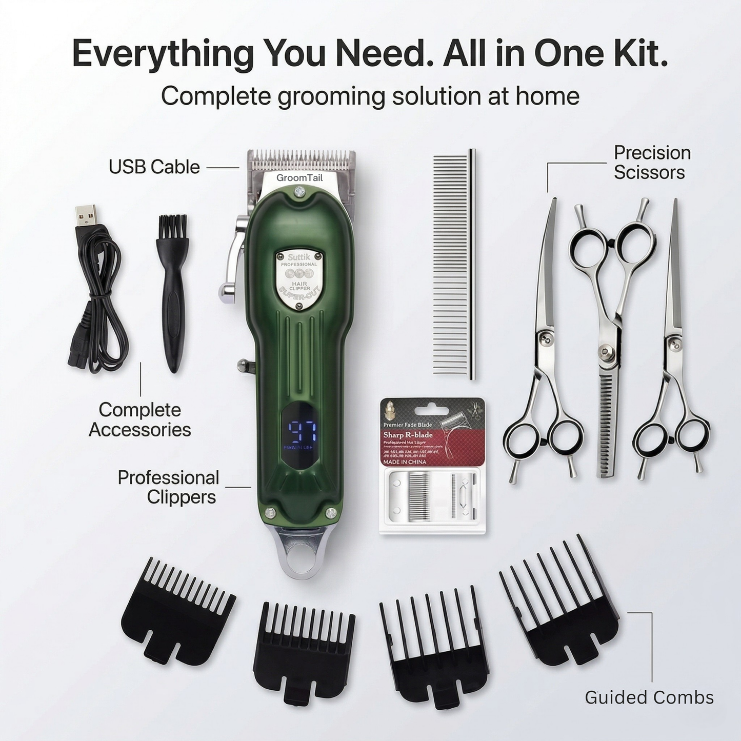 GroomTale Complete Dog Grooming Kit – Rechargeable Clippers, Scissors & Combs Set