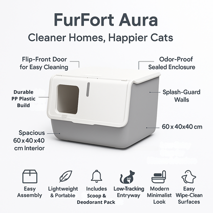FurFort Aura Large Enclosed Cat Litter Box – Flip Cover & Odor Control