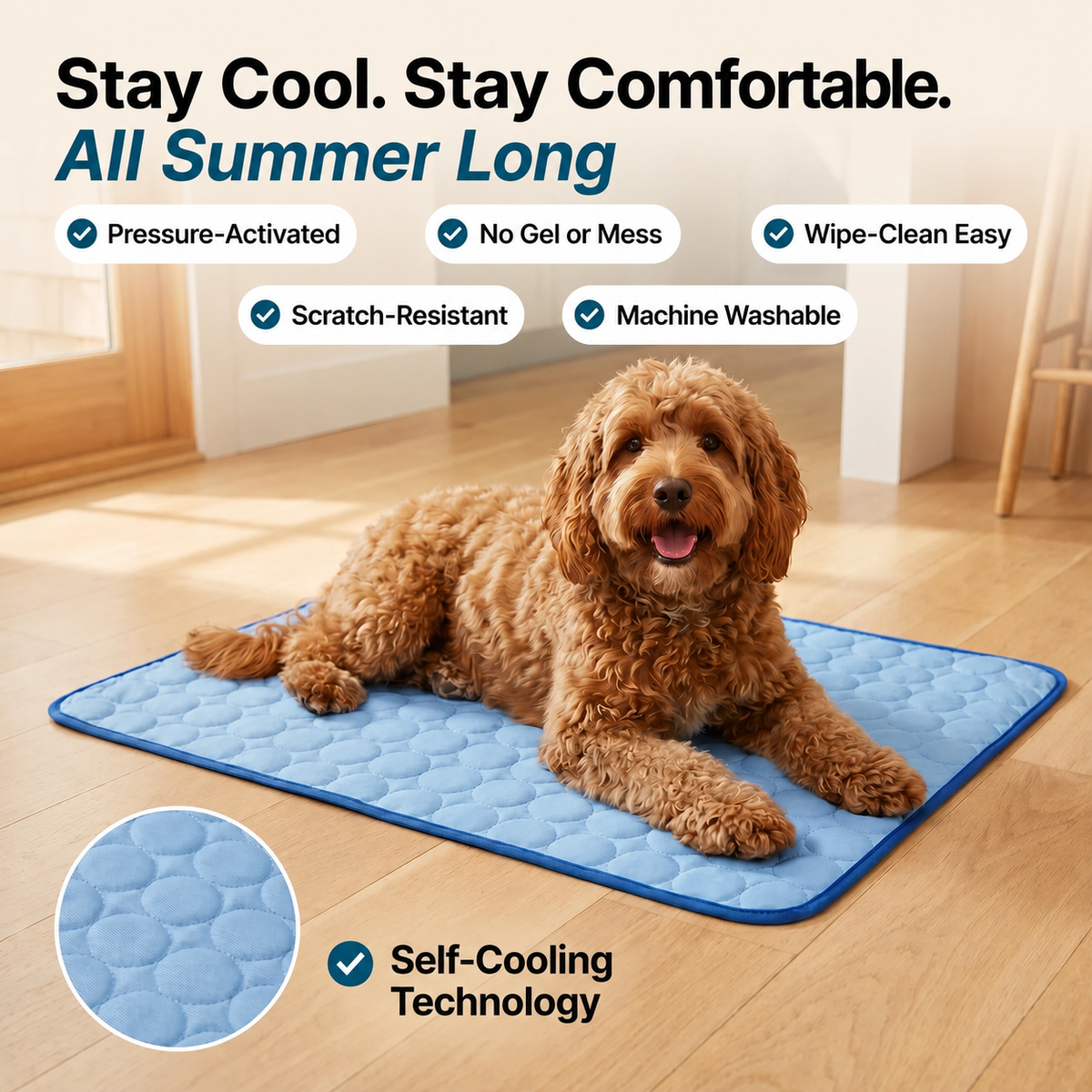 A brown curly-haired dog lies on a blue quilted cooling mat on a light wood floor, with marketing text and feature badges around it. The mat is labeled as self-cooling technology and shown in a clean indoor setting.