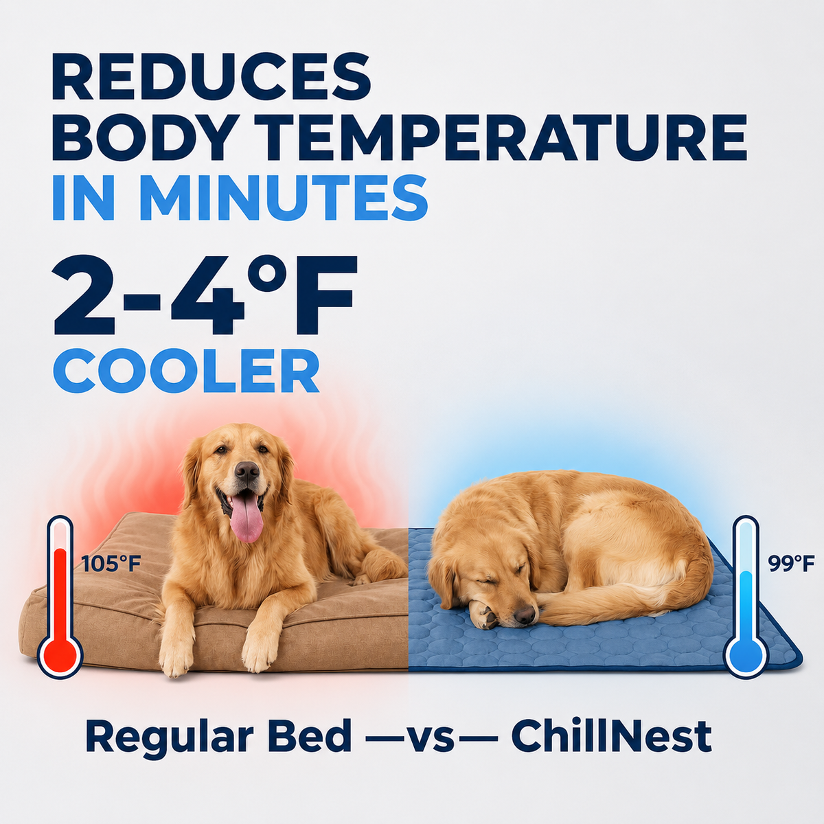 A promotional comparison graphic showing two golden retriever dogs on pet beds. The left side shows a dog lying on a tan regular bed with red heat graphics and a thermometer reading 105°F.