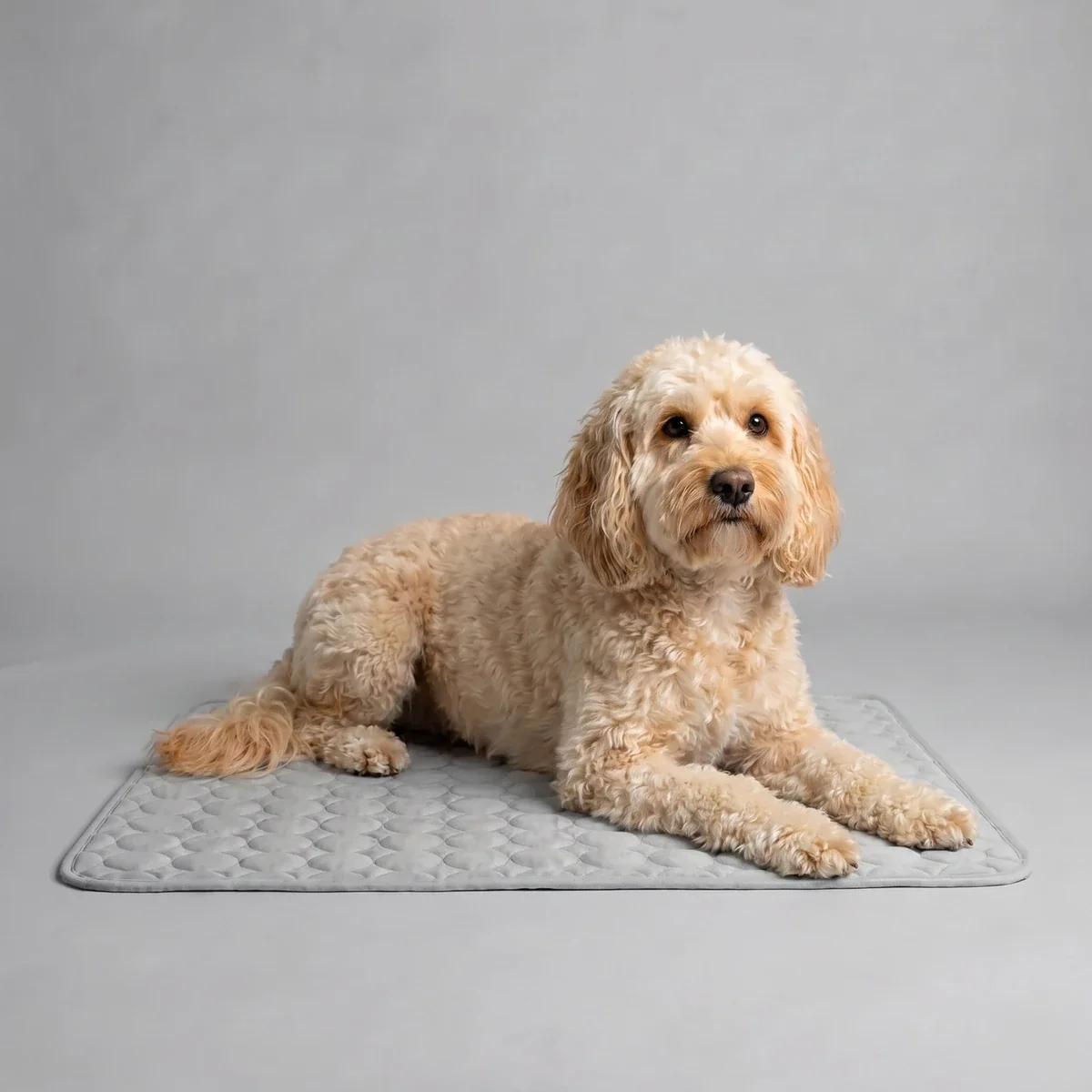 Dog lying on a gray mat against a gray background