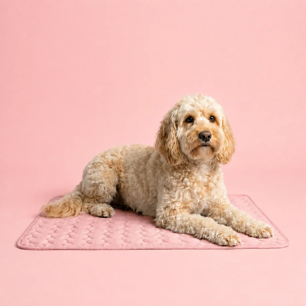 Dog lying on a pink mat against a pink background